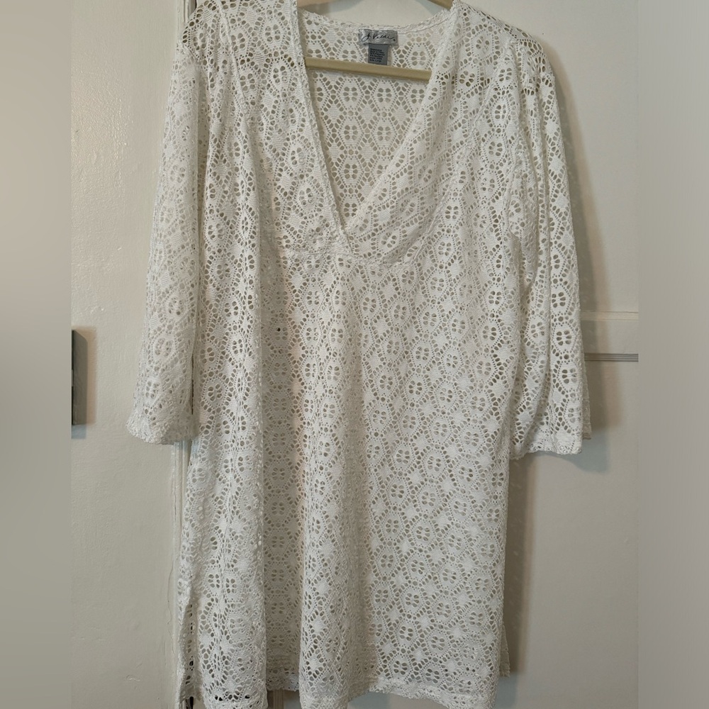 White Theee Quater Sleeve White Lace Coverup